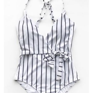 White striped wrap One-piece